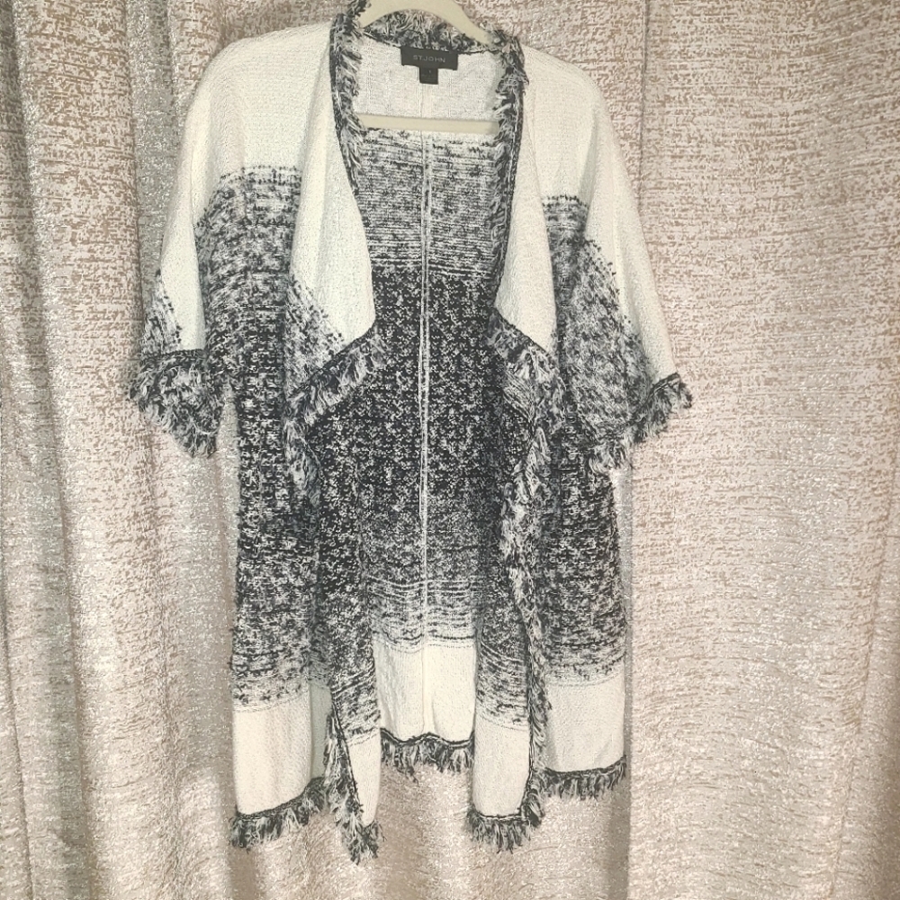 St. John Marled Black and White Fringe Open Cardigan